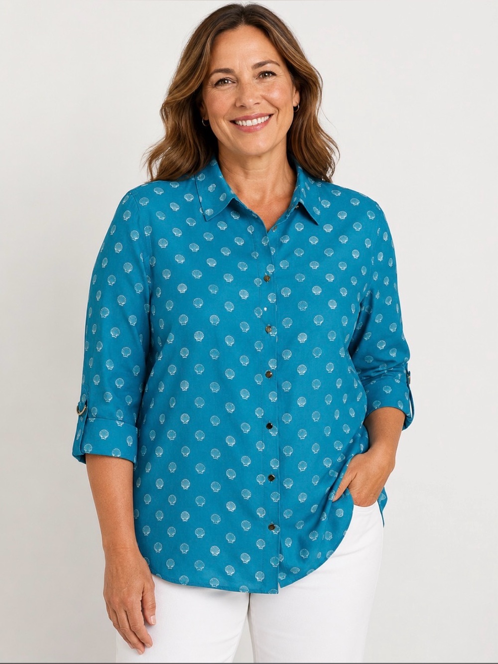 Chico's Non-iron Button Up Roll Tab Sleeve Blue Shirt Shell Print Sz 2(L 12/14)